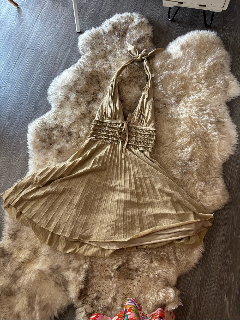 Halter Pleated Mini swing Dress in sparkle gold